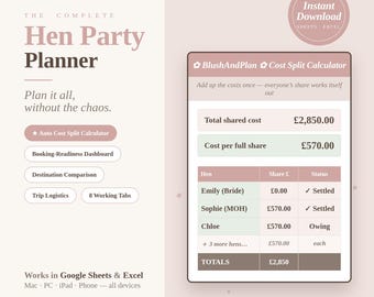 UK Hen Party Planner Spreadsheet | Hen Do Budget Cost Split Calculator | Maid of Honour Guest List Itinerary | Google Sheets Excel