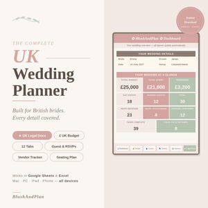 May include: A digital wedding planner for UK brides, featuring a soft pink and beige color scheme. The planner includes sections for budget, guest details, and legal documents. It is designed for use with Google Sheets and Excel.