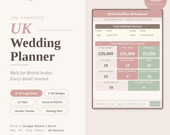 UK Wedding Planner Spreadsheet | British Wedding Budget Planner | Google Sheets & Excel | 12 Tabs Guest List Seating Plan Legal Docs