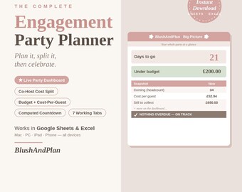 UK Engagement Party Planner Spreadsheet | Engagement Party Cost Split Host Tracker | Guest List RSVP Checklist | Google Sheets Excel