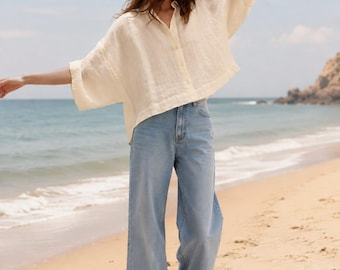 Camicia oversize in lino color crema / Blusa da spiaggia ampia con bottoni
