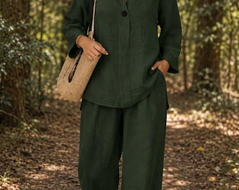 Forest Green Linen Co-Ord Set | Relaxed Fit Top and Wide Leg Pants