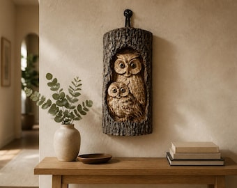 Owl carved into wood block handmade.