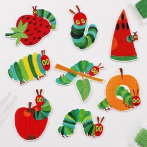 Cute caterpillar embroidery patch, hungry colorful caterpillar on apple, cartoon patch for children's clothing, bag, DIY projects, backpack