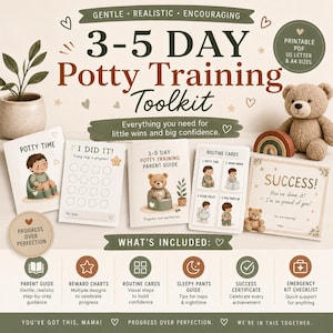 Pode incluir: Um kit de ferramentas de treino de casa de banho de 3 a 5 dias com um ursinho de pelúcia, um arco-íris e uma planta. Inclui um guia para pais, tabelas de recompensas, cartões de rotina, um guia de calças de dormir, um certificado de sucesso e uma lista de verificação de emergência.