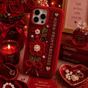 May include: A red phone case with a floral design, pearls, and the text "AURA PRINTABLESSS." The case is surrounded by red roses, a candle, and a perfume bottle. The text "Fall in love with your life" is in a framed picture.