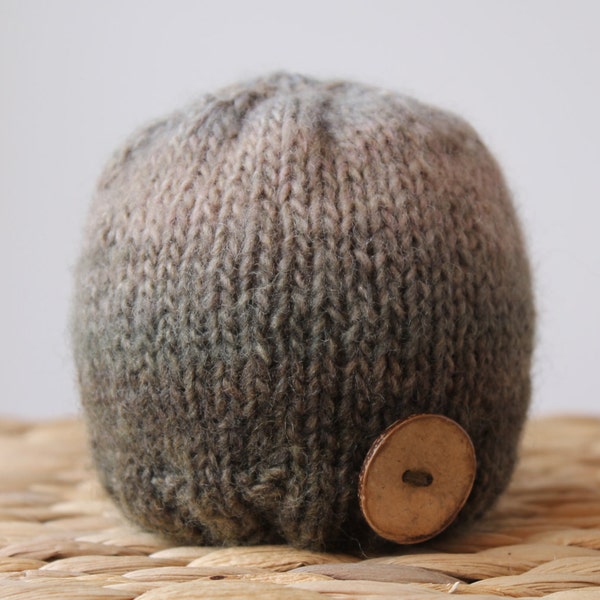 Olive Green, Brown, Tan Ombre Striped Baby Beanie Hat with Coconut Wood Button - Hand Knit Crochet -  Newborn - Ready to Ship