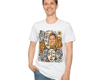 Playful Faces Sun Motif Tee | Artistic Collage TShirt | Customizable Modern Portrait Design