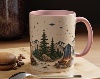 Tazza da caffè da campeggio / Tazza vintage da falò / Tazza da baita di montagna / Regalo per amanti della vita all'aria aperta / Accogliente tazza da caffè nella natura selvaggia