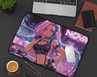 Tappetino da scrivania/tappetino per mouse da gioco anime Cyberpunk con ragazza con trecce rosa