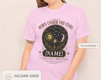 Maglietta Zodiacale Personalizzata / Maglietta Astrologica Personalizzata / Sole, Luna e Stelle Vintage (Nome, Anno di Nascita)