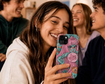 Cover per telefono con illustrazione di una ragazza anime dai colori pastello / Design carino e kawaii del pulsante Play
