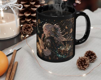 Anime Schatzsucher Tasse | Fantasy Entdecker Kaffeetasse | Schwarzes Keramik Abenteuer Geschenk