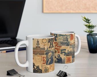 Tazza in ceramica con collage di arte americana vintage / Tazza da caffè in ceramica con monumenti storici