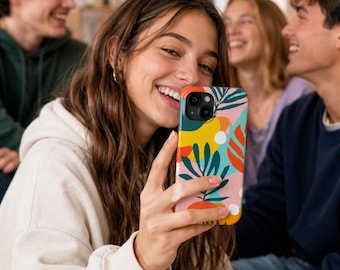 Custodia per telefono con graziosi motivi tropicali / Custodia per iPhone con motivi botanici colorati / Custodia resistente con fiori / Regalo per ragazze adolescenti / Cover estiva per telefono