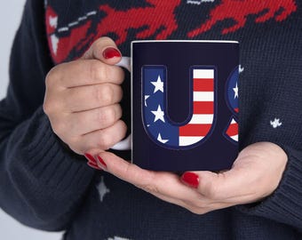 Tazza con la lettera S e la bandiera degli Stati Uniti / Tazza in ceramica con stelle e strisce americane