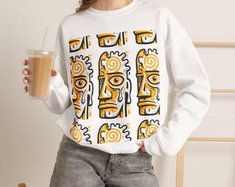 Abstract Face Sweatshirt | Modern Folk Art Crewneck | Gold Black Hand Drawn Graphic Shirt | Artistic Statement Sweater Gift