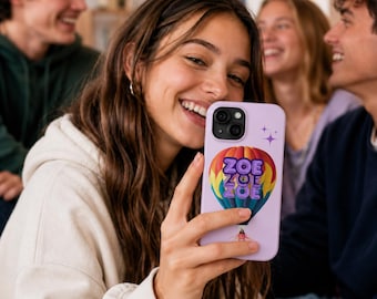 Cover per iPhone personalizzata con mongolfiera / Cover per telefono con nome personalizzato / Cover resistente e colorata con arcobaleno / Regalo carino per ragazze