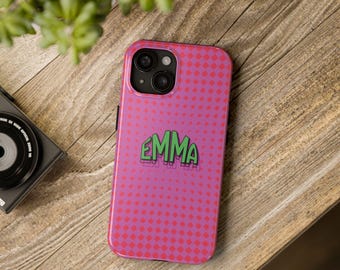 Cover per telefono personalizzata con nome / Cover per iPhone a scacchiera rosa / Cover per telefono resistente personalizzata / Cover per telefono retrò femminile, regalo per lei