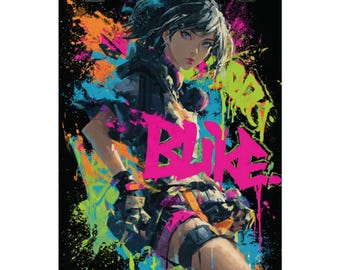 Poster verticale opaco con ragazza anime graffiti al neon / Stampa di street art vibrante