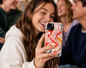 Custodia per iPhone effetto marmo corallo / Cover per telefono con motivo astratto a spirale / Custodia protettiva lucida e resistente / Custodia per telefono estetica rosa e arancione, ideale come regalo