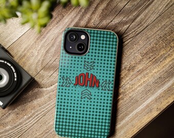 Cover per telefono personalizzata con nome / Cover per iPhone personalizzata / Cover resistente a scacchiera turchese / Regalo sportivo retrò per lui e ragazzi