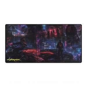 Tappetino da scrivania cyberpunk Neon City / Tappetino per mouse da gioco fantascientifico / Tappetino da scrivania esteso Synthwave
