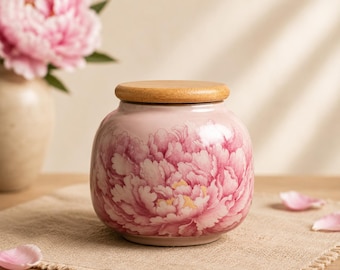 Bote de cerámica con diseño de peonía rosa, tarro de almacenamiento floral, recipiente de cocina con tapa de madera.