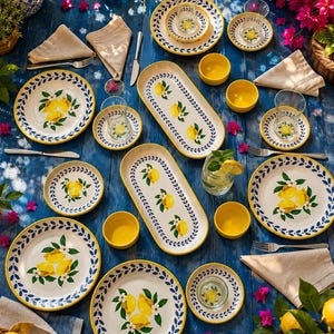 Può includere: Un set di stoviglie in ceramica bianca con piatti, piatti da portata ovali e piccole ciotole decorate con limoni gialli, foglie verdi e fiori bianchi, incorniciati da un bordo di foglie blu, completato da bicchieri e tovaglioli in lino.