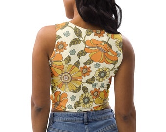 Retro 60’s 70’s Flower Print Women’s Crop Top, Orange and Yellow Retro Floral Pattern Shirt, Marigold Daisy All Over Print Tank Top