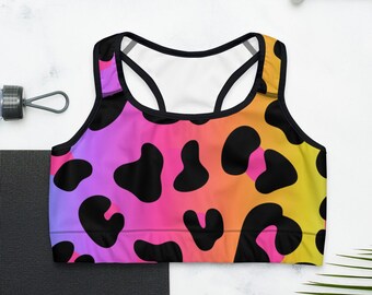 Rainbow Leopard Print Sports Bra, Animal Print Women's Athletic Wear, Colorful Gym Workout Apparel