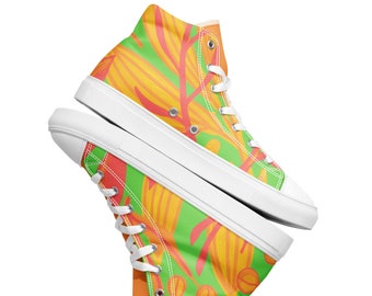 Sneakers alte con stampa di foglie tropicali: scarpe alla moda arancioni e verdi