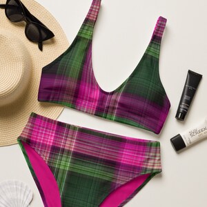 Plaid High-Waisted Bikini: Watermelon Pink & Green, Eco-Friendly