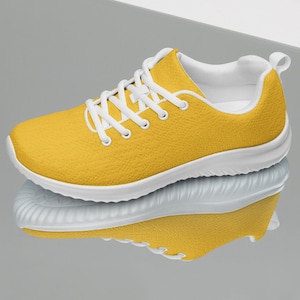 Golden Yellow Women's Sneakers, Women's Athletic Footwear, Solid Color Workout Shoe, Bright Gym Shoes, White Trim and Laces