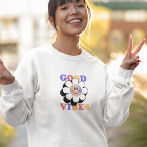 Retro Flower Face Crewneck Sweatshirt, Good Vibes Happy Face Sweater, Gift for Her, Groovy Spring Flower Pullover Sweatshirt, Pastel Design
