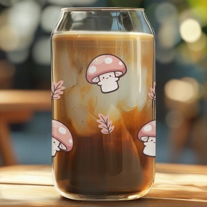 Cute Kawaii Mushroom Beer Can-Shaped Glass, Cartoon Mushroom Caps and Leaves Iced Coffee or Tea Cup, 16 oz
