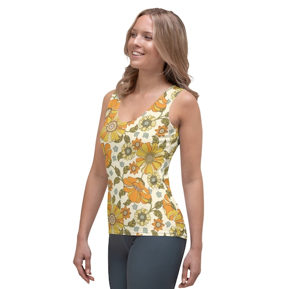 Retro Floral Tank Top: 60's 70's Orange Yellow Flower Print