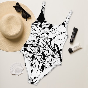 Black and White Paint Splatter Swimsuit: Low Back Cheeky One-Piece