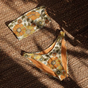 Retro Floral Bandeau Bikini: 60s 70s Orange Yellow Print Swimsuit