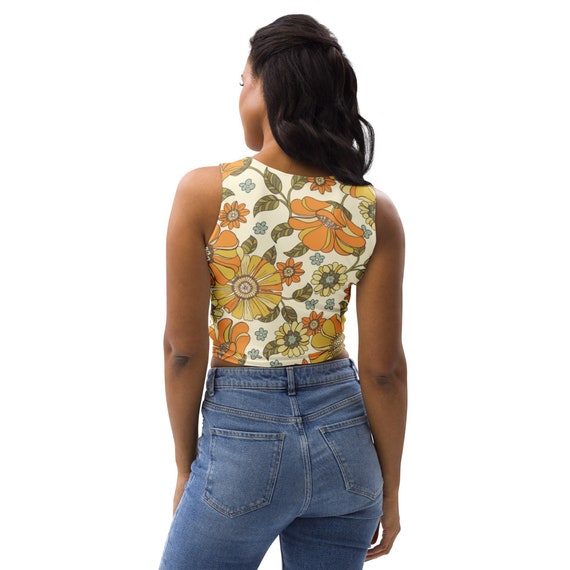 Retro Floral Crop Top: 60's 70's Orange Yellow Daisy Print