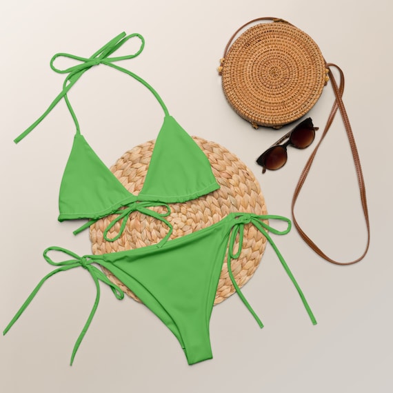 Lime Green Recycled String Bikini, Solid Green Eco-friendly