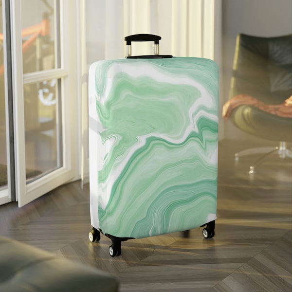 Mintgroen marmeren bagagehoes, pastel reisaccessoires, cadeau voor reizigers, verfwervelprint kofferbeschermers