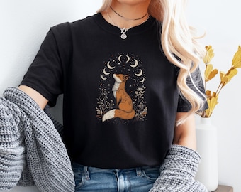 Maglietta con fasi lunari Celestial Fox, maglietta grafica mistica