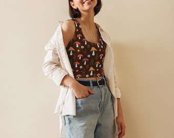 Mushroom Crop Top: Cottagecore Forest Print Summer Tank