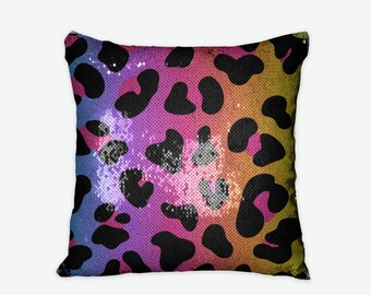 Rainbow Leopard Sequin Reversible Pillowcase, Sequin Pillow Design Under Black Sequins, Fun Home Decor, Kids Room Pillowcases