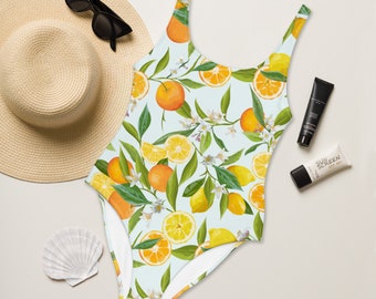 Citroen en oranje citrus eendelig dameszwempak, zomerpatroon lage rug brutaal badpak, flatterende alle figuren badmode, cadeau voor haar