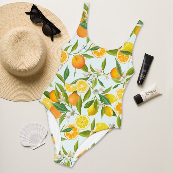 Lemon and Orange Citrus One-Piece Women's Swimsuit, Summer Pattern Low Back Cheeky Swimsuit, Flattering All Figures Swimwear, Gift for Her