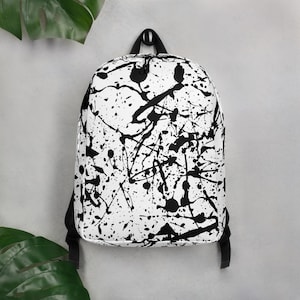 Abstract Paint Splatter Minimalist Backpack, Black and White Ink Splatter Pattern Bag, All Over Print Backpack, Artsy Bookbag