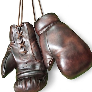 May include: A pair of dark brown boxing gloves with a distressed finish, featuring lace-up closures on the front of one glove and long brown cords attached to the top for hanging. The gloves have a smooth, rounded shape with visible stitching.