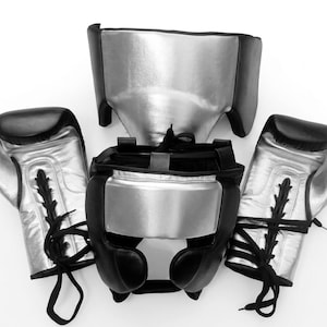 Cowhide shiny Leather Boxing Set - Lace-Up Sparring Gloves Headgear Groin Guard